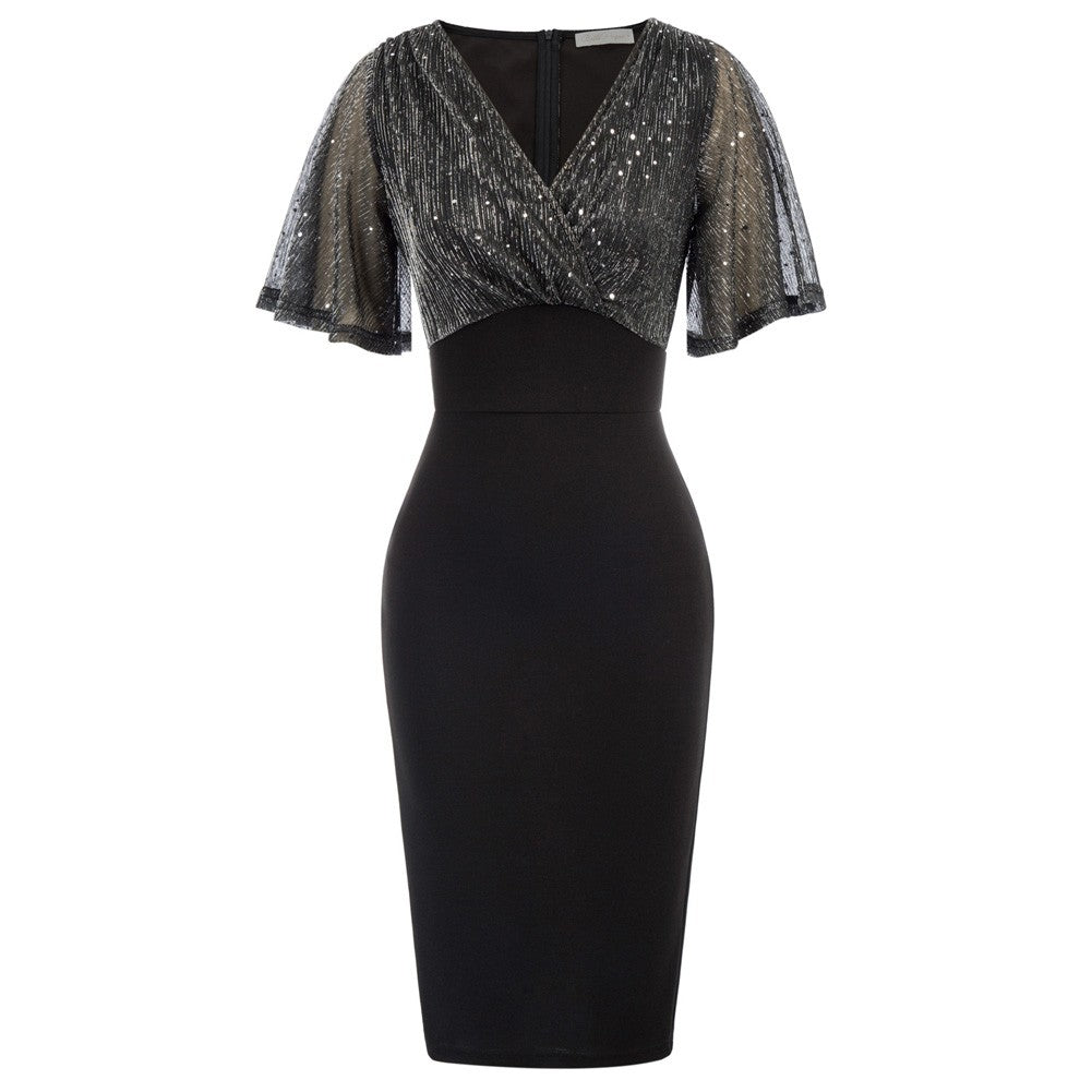 belle poque Vintage V-Neck Short Sleeves Contrast Fabric Hips-Wrapped Bodycon Dress⏰Flash Sale Black