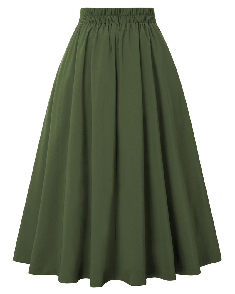 belle poque Women's Vintage Pleated Buttons Elastic Waist High A-Line Skirt