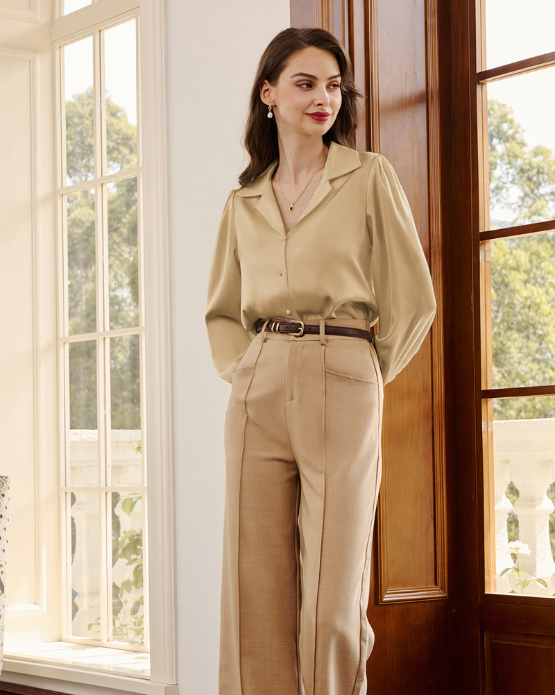 belle poque Women Vintage Shirt OL Long Sleeve Lapel Collar V-Neck Button-up Tops