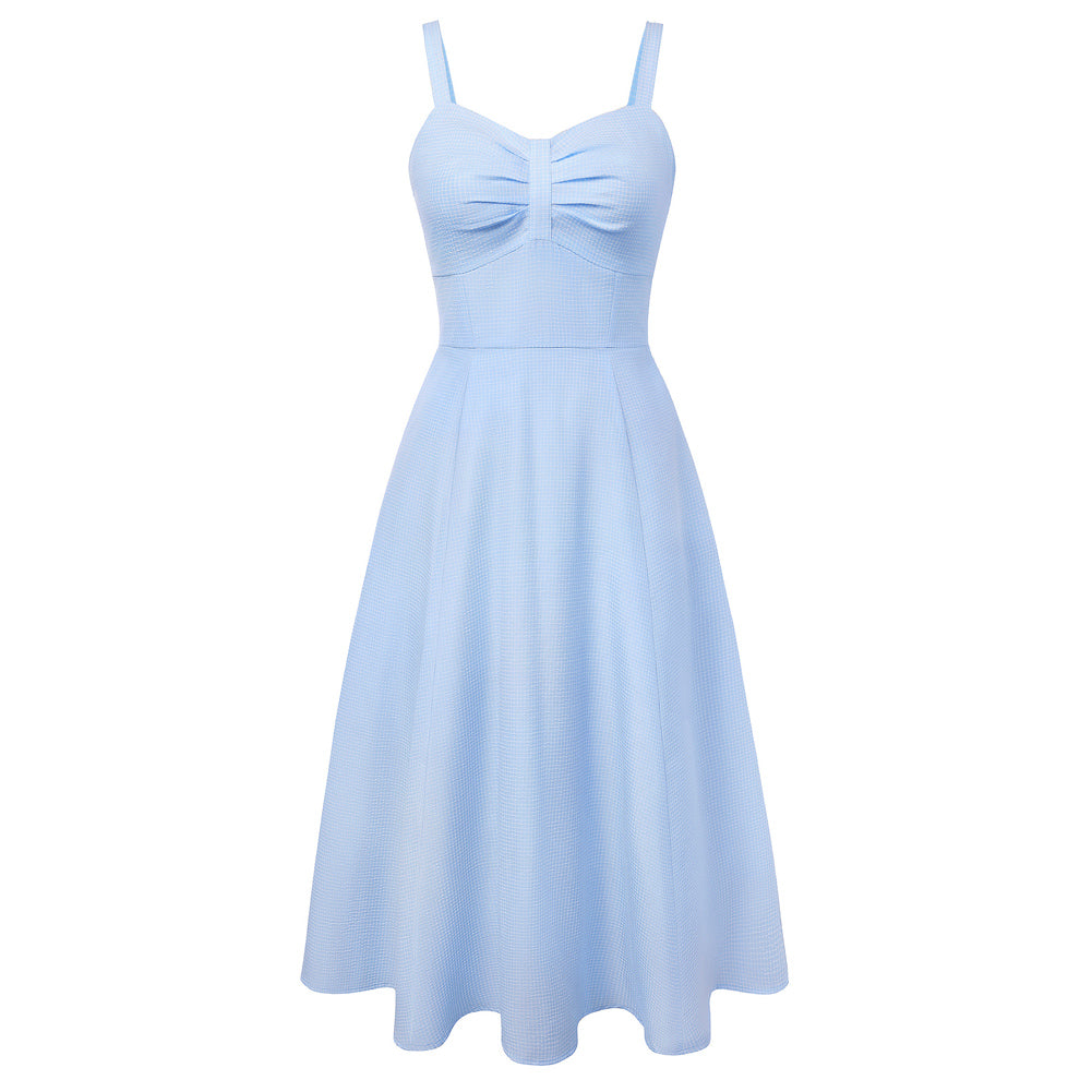 belle poque 1950s Vintage Gingham Dress for Women Sweetheart Neckline Dresses with Pockets Blue