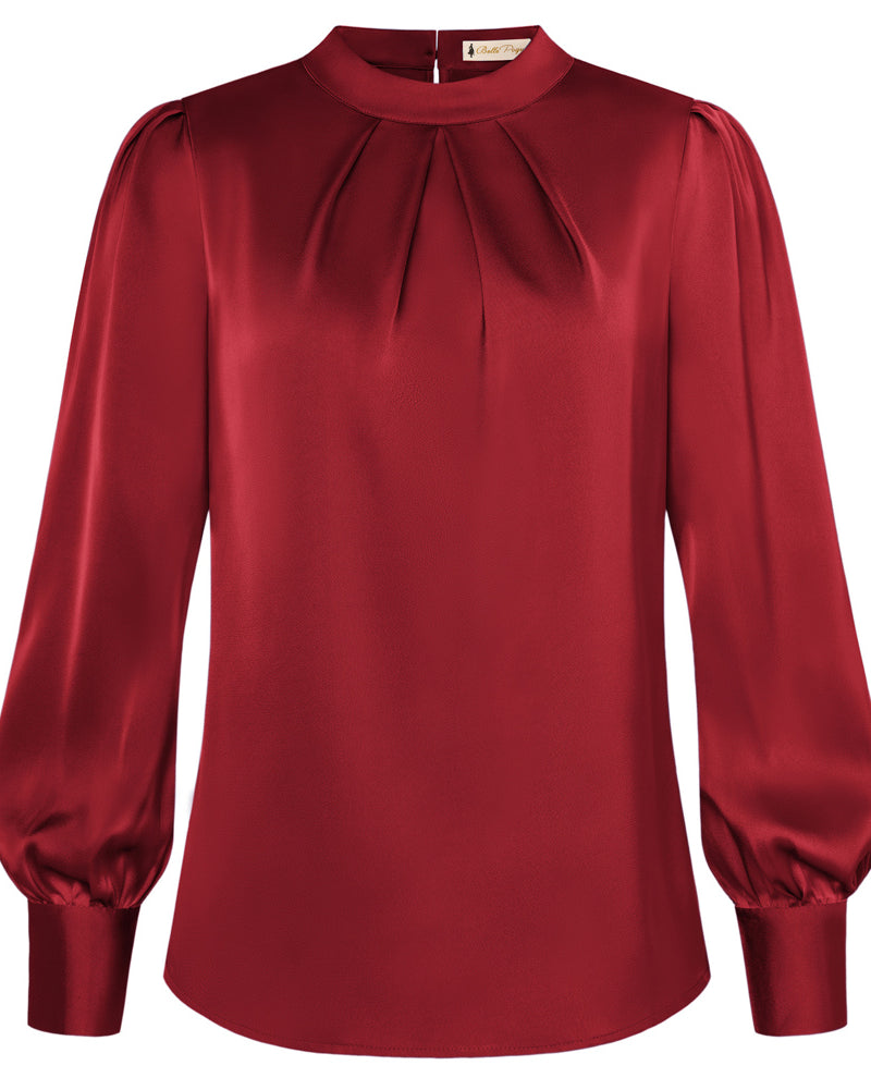 belle poque Womens Long Sleeve Satin Blouse Dressy Casual Business Tops Shirts for Office Work Wine