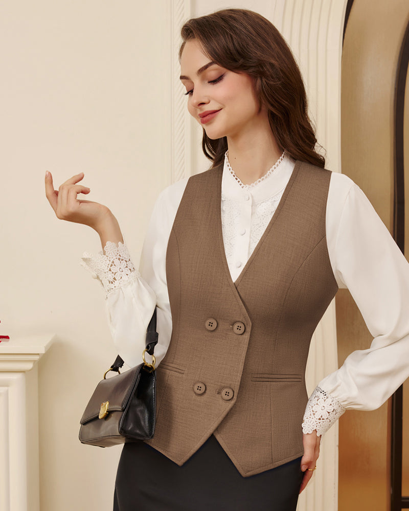 belle poque Women Double Breasted Vest Coat V-Neck Handkerchief Hem Business Waistcoat