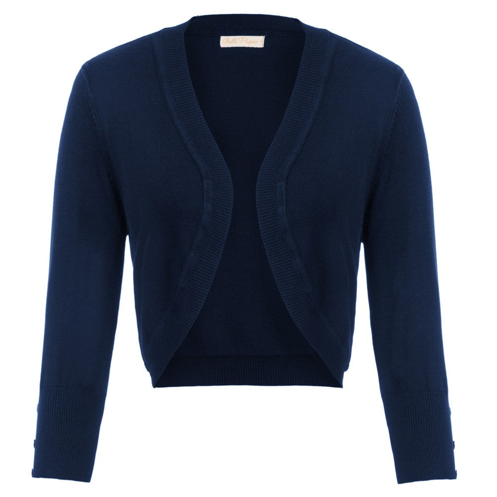 belle poque 3/4 Sleeve Bolero Shrug Open Front Knit Cropped Cardigan Sweater Navy Blue