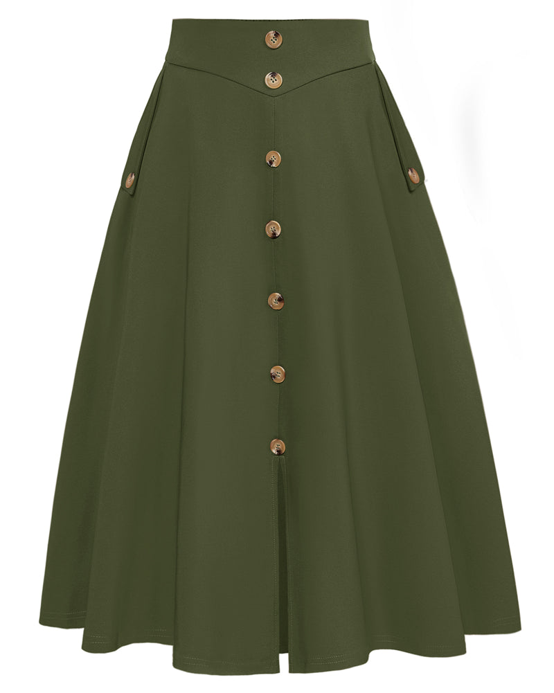 belle poque Belle Poque Women's Vintage A-Line Skirt with Slit Hem Army Green L