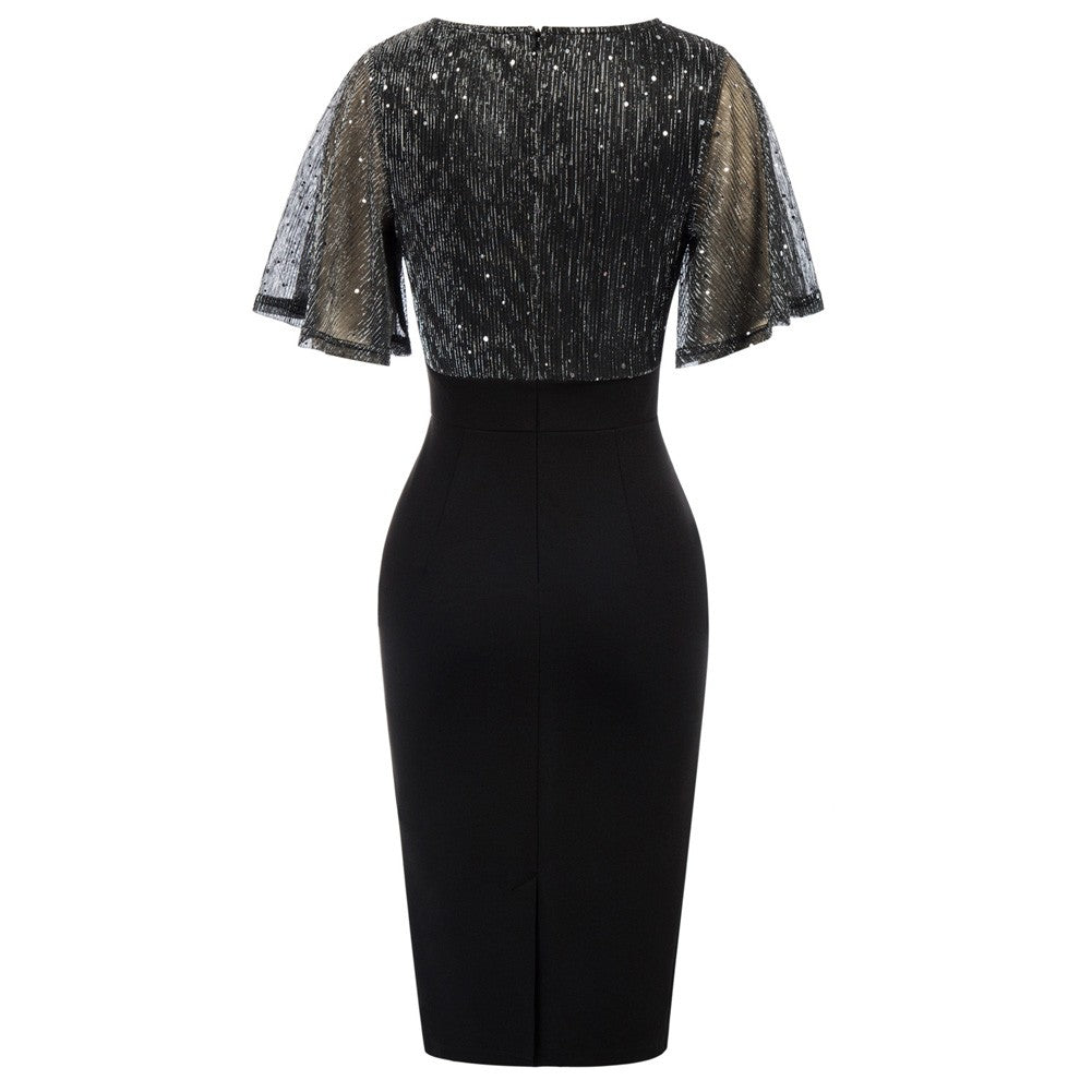 belle poque Vintage V-Neck Short Sleeves Contrast Fabric Hips-Wrapped Bodycon Dress⏰Flash Sale