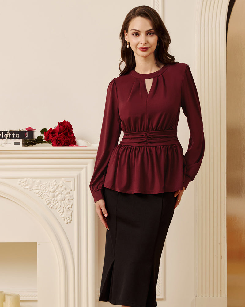 belle poque Women Retro Defined Waist Tops Long Lantern Sleeve Crew Neck Pullover Tops