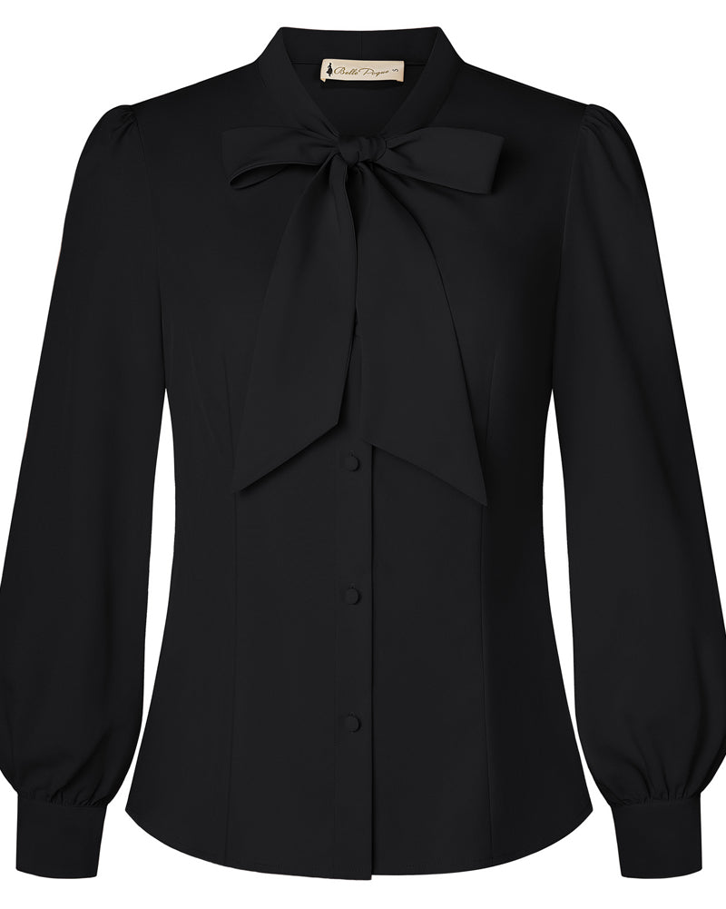 belle poque Women's Bow Tie Neck Blouse Button Down Shirt for Work Office Casual Black