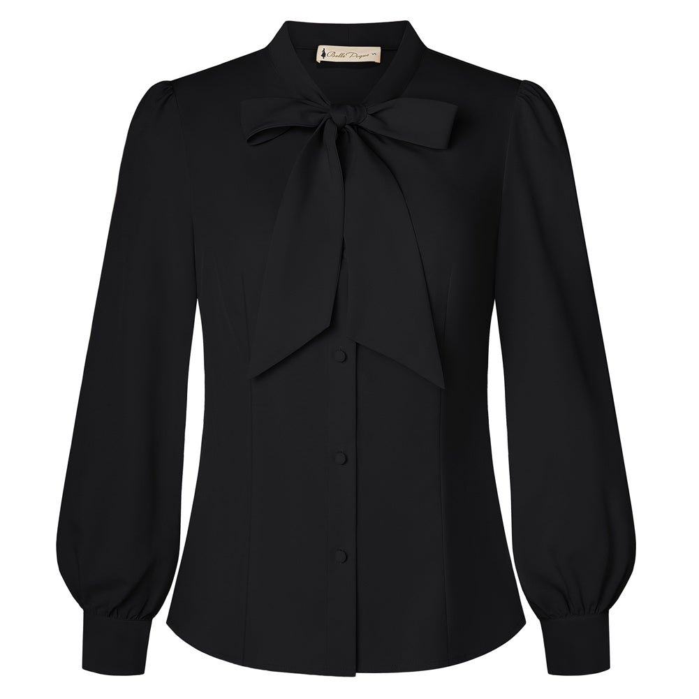 belle poque Women's Bow Tie Neck Blouse Button Down Shirt for Work Office Casual Black