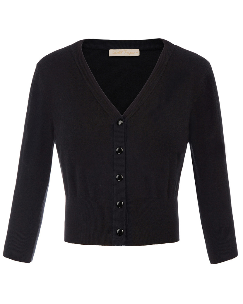 belle poque Cropped Cardigan 3/4 Sleeve V-Neck Button-up Sweater Knitwear Black