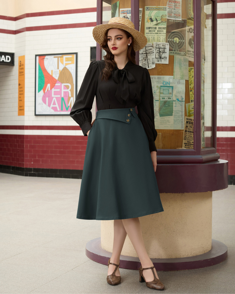 belle poque Vintage A-Line Skirt High Waisted Midi Skirt with Pockets & Buttons