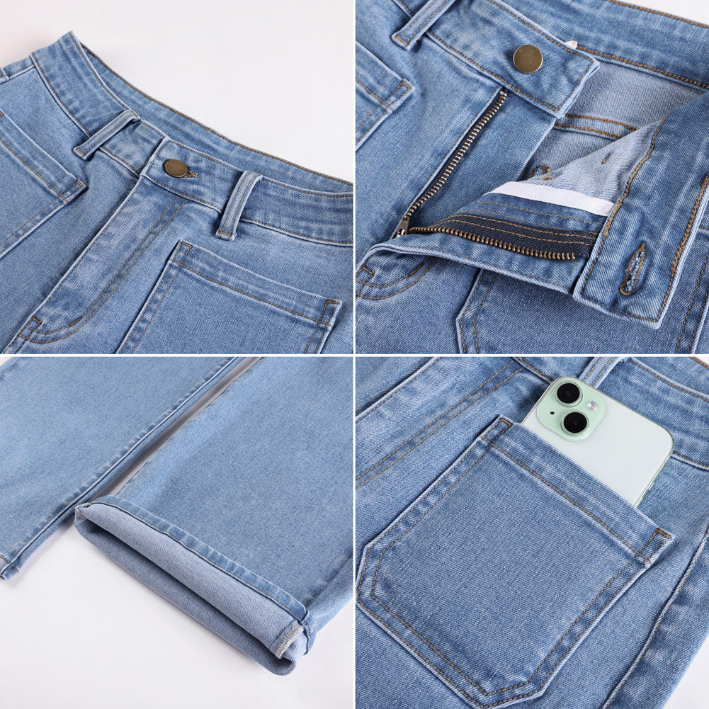 belle poque Women's Straight Leg Jeans Mid Rise Wide Leg Denim Pants with Pockets