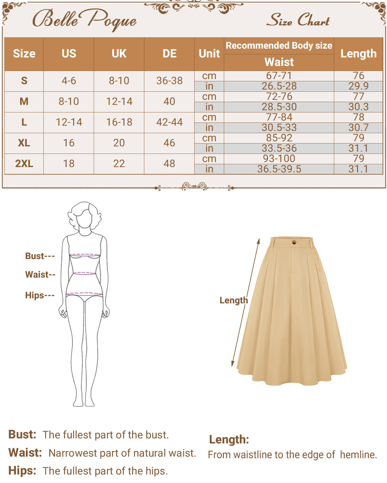 belle poque Women Vintage Swing Skirt Mid-Calf Length A-Line Skirt