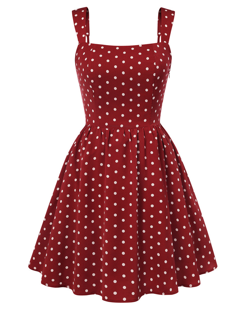 belle poque Women 1950s Vintage Polka-Dots Dress Semi-Formal Mini Dresses Red