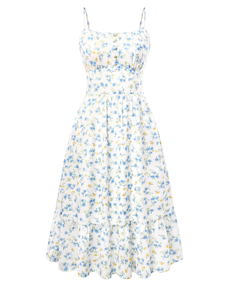 belle poque 2026 Floral Dress for Women Spring Summer Flowy Ruffle Midi Dresses Blue