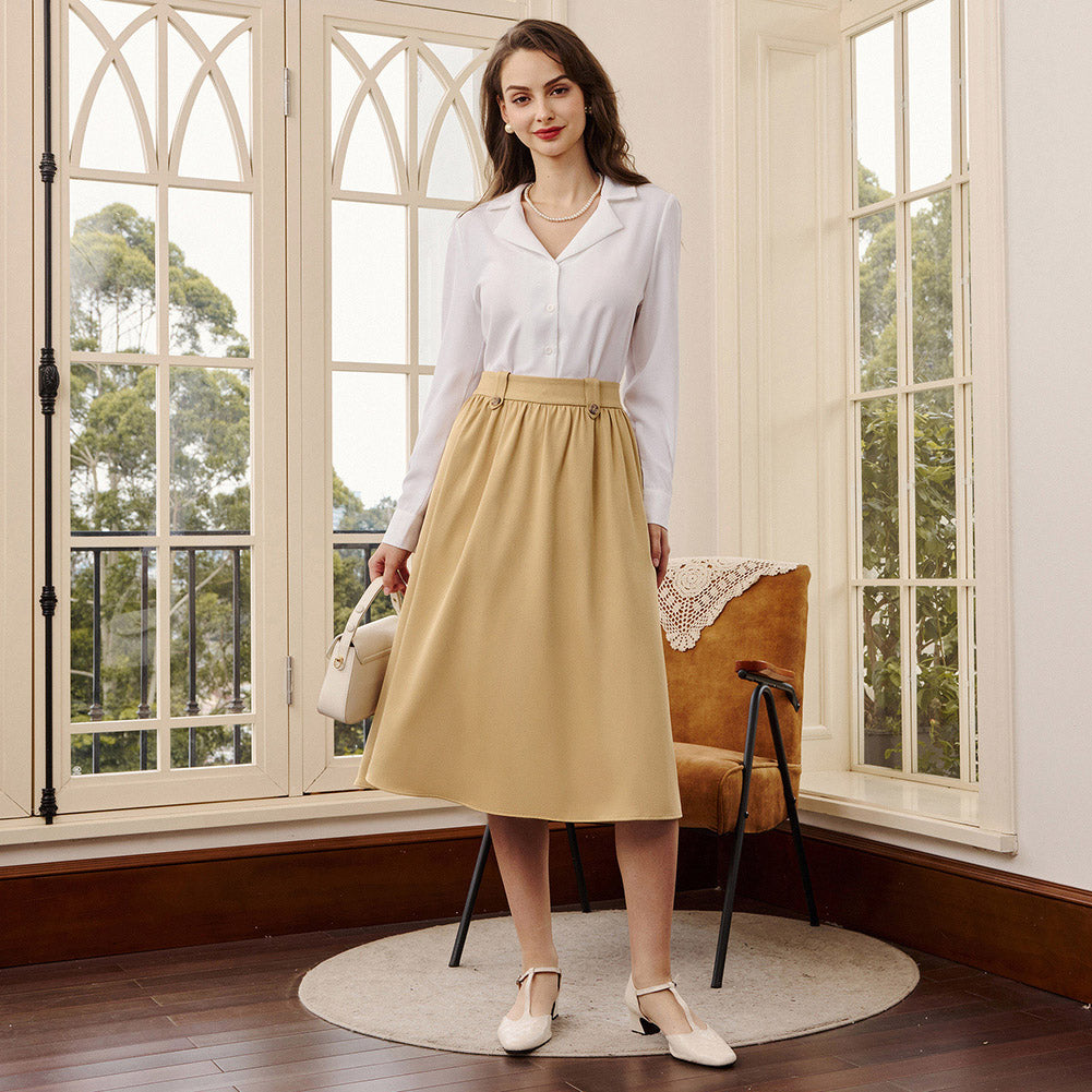belle poque Women Vintage Swing Skirt Elastic Waist Mid-Calf Length A-Line Skirt