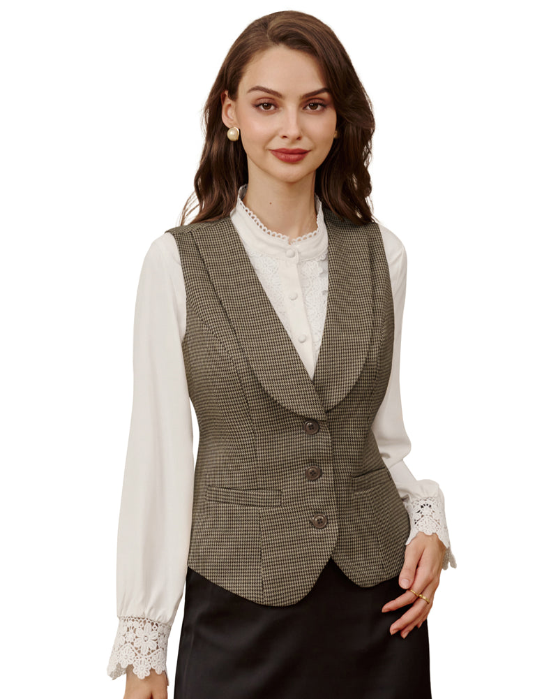 belle poque Vintage Lapel Collar Suit Vest Tops for Women Work Dressy Waistcoat Blazer with Pockets