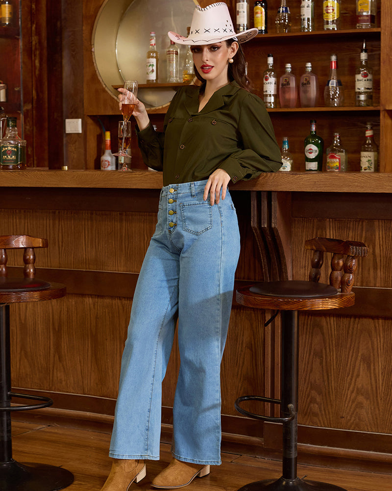 belle poque Vintage Straight Leg High Waisted Elastic Waist Multi-Pocket Flare Denim Pants