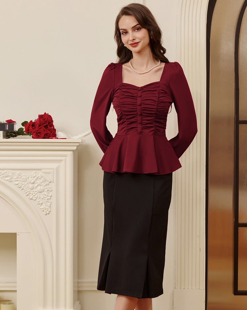 belle poque Women Vintage Ruched Tops Puffed Long Sleeve Peplum Hem Tops