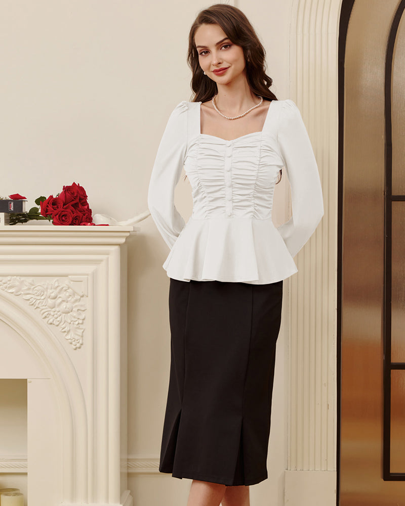 belle poque Women Vintage Ruched Tops Puffed Long Sleeve Peplum Hem Tops