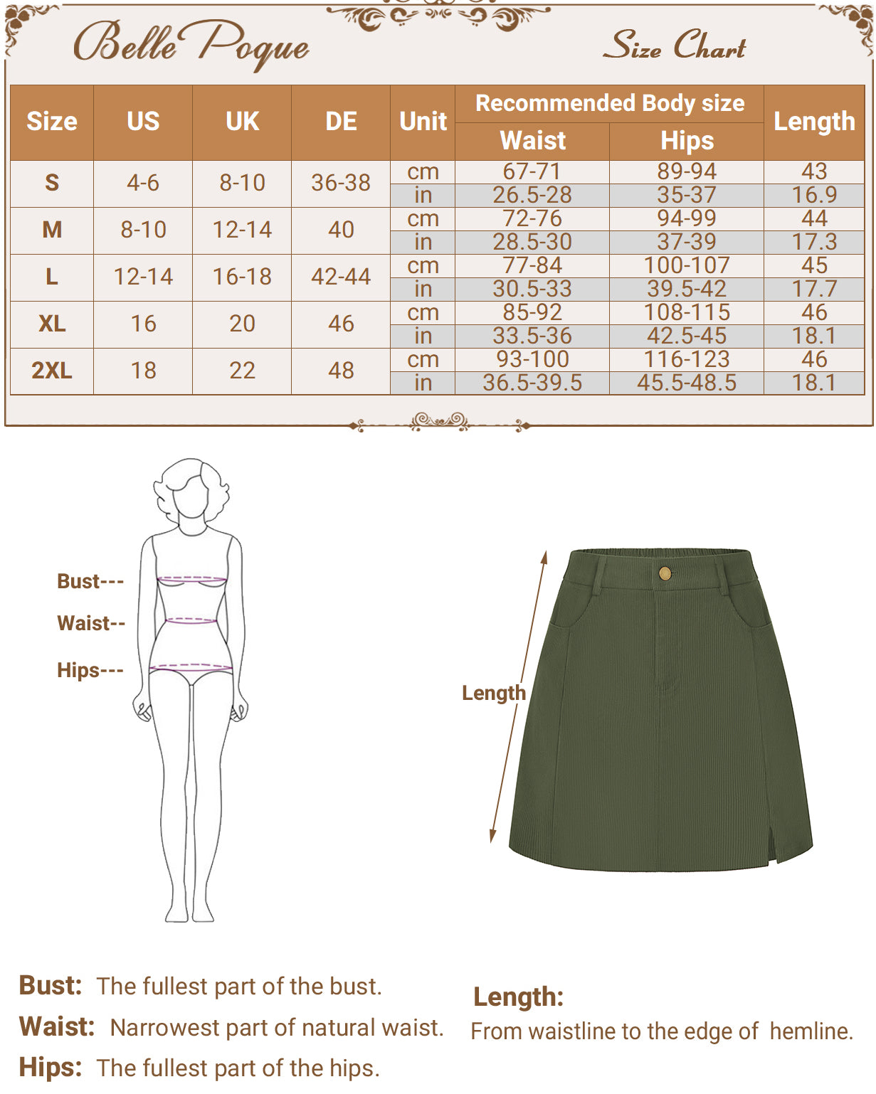 belle poque Women Vintage Corduroy Mini Skirt Elastic Waist Front Slit A-Line Skirt