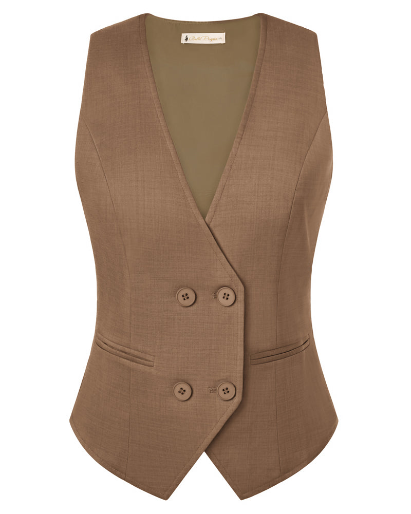 belle poque Women Double Breasted Vest Coat V-Neck Handkerchief Hem Business Waistcoat Coffee