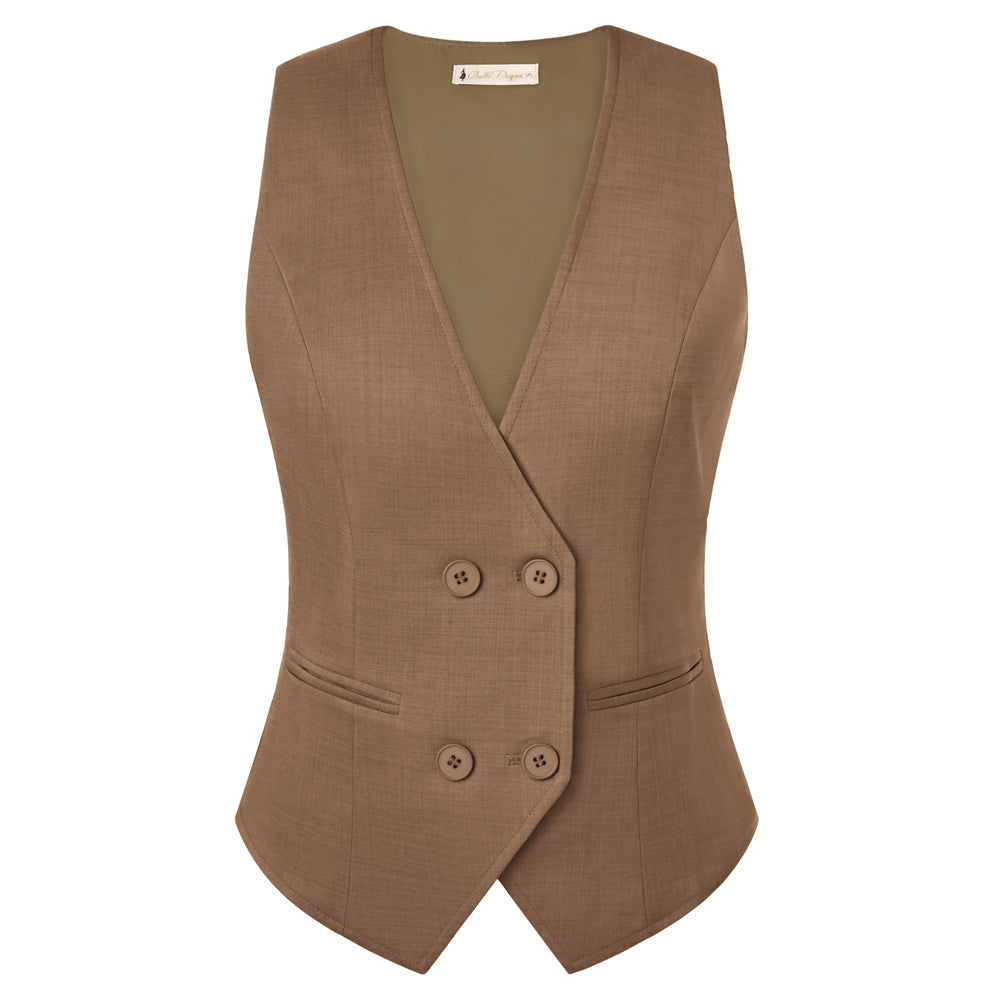 belle poque Women Double Breasted Vest Coat V-Neck Handkerchief Hem Business Waistcoat Coffee