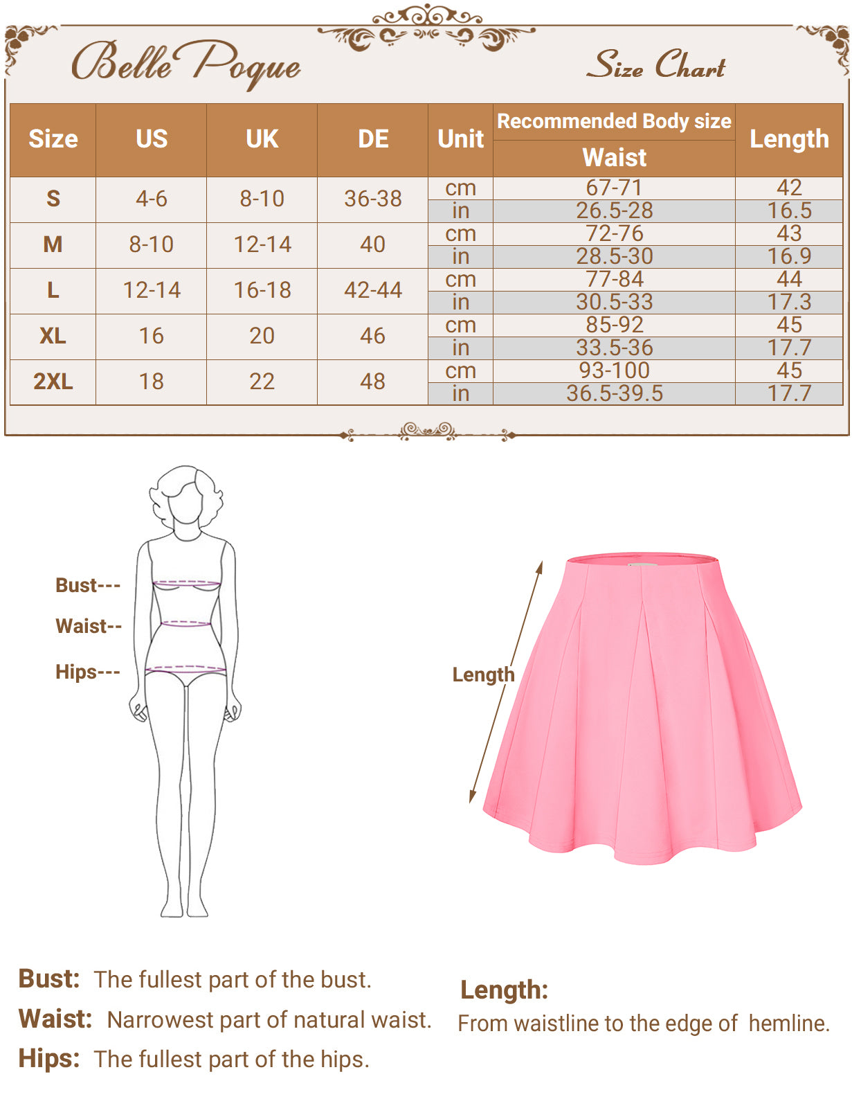 belle poque Women Vintage Swing Skirt Elastic Waist Mid-Thigh Length A-Line Skirt