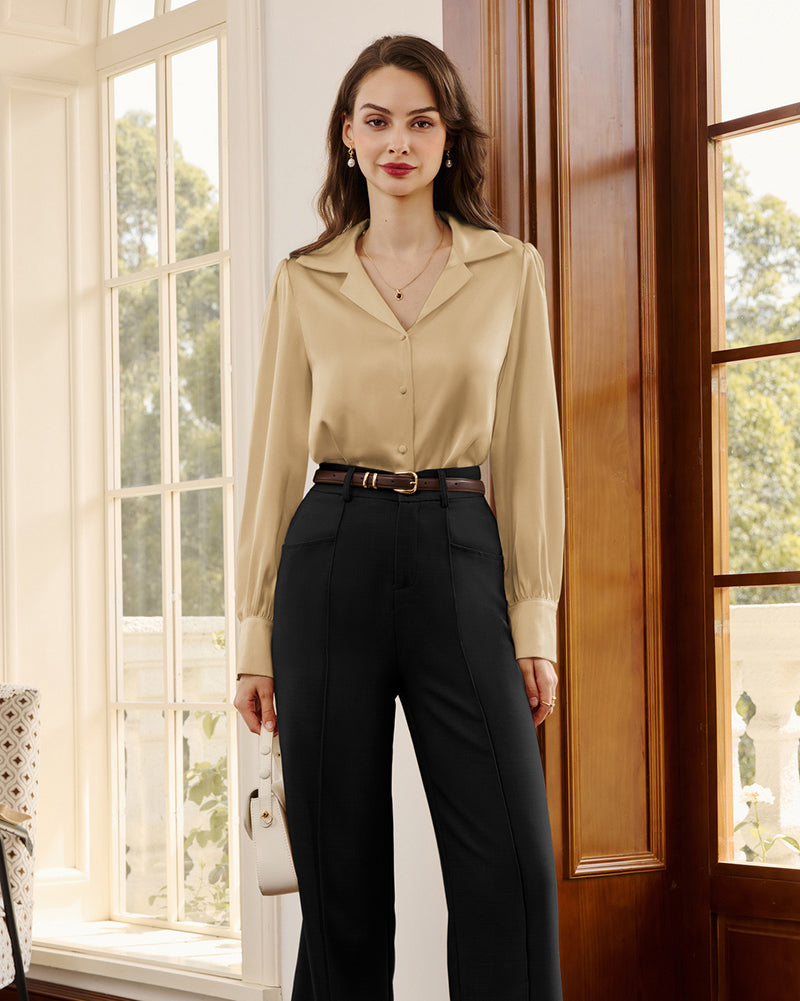 belle poque Women Vintage Shirt OL Long Sleeve Lapel Collar V-Neck Button-up Tops