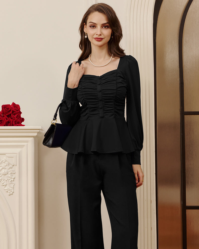 belle poque Women Vintage Ruched Tops Puffed Long Sleeve Peplum Hem Tops