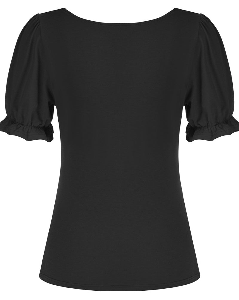 belle poque Solid Color Cotton Tops Slim Fit Puffed Short Sleeve Ruched Tops