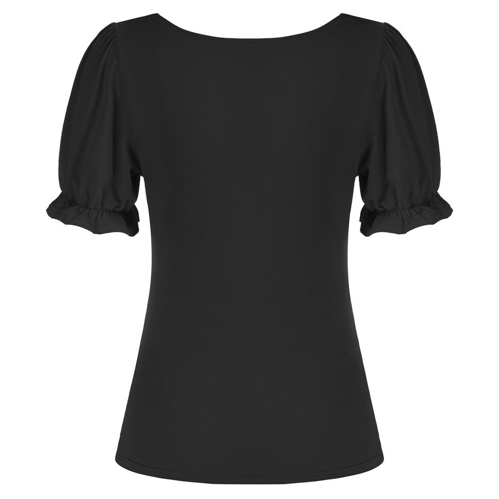 belle poque Solid Color Cotton Tops Slim Fit Puffed Short Sleeve Ruched Tops