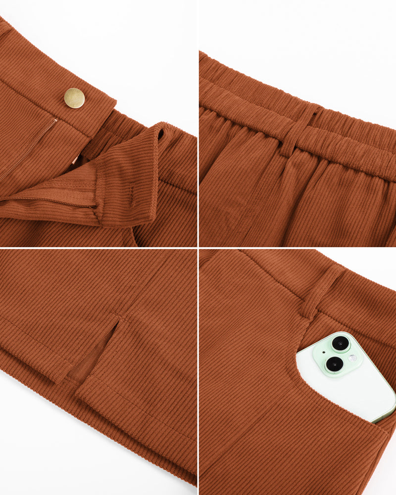belle poque Women Vintage Corduroy Mini Skirt Elastic Waist Front Slit A-Line Skirt