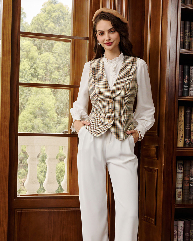 belle poque Vintage Lapel Collar Suit Vest Tops for Women Work Dressy Waistcoat Blazer with Pockets