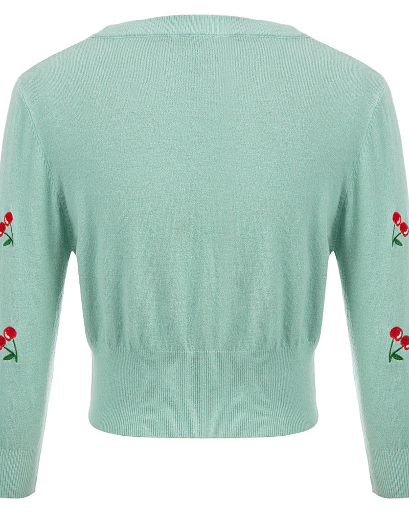 belle poque 3/4 Sleeve V-Neck Button Down Cherries Embroidery Cropped Cardigan Sweater Coat