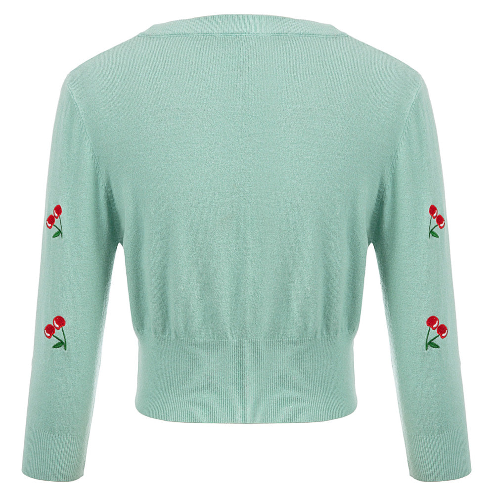 belle poque Women's 3/4 Sleeve Button Down Cherries Embroidery Cropped Cardigan Sweater Coat