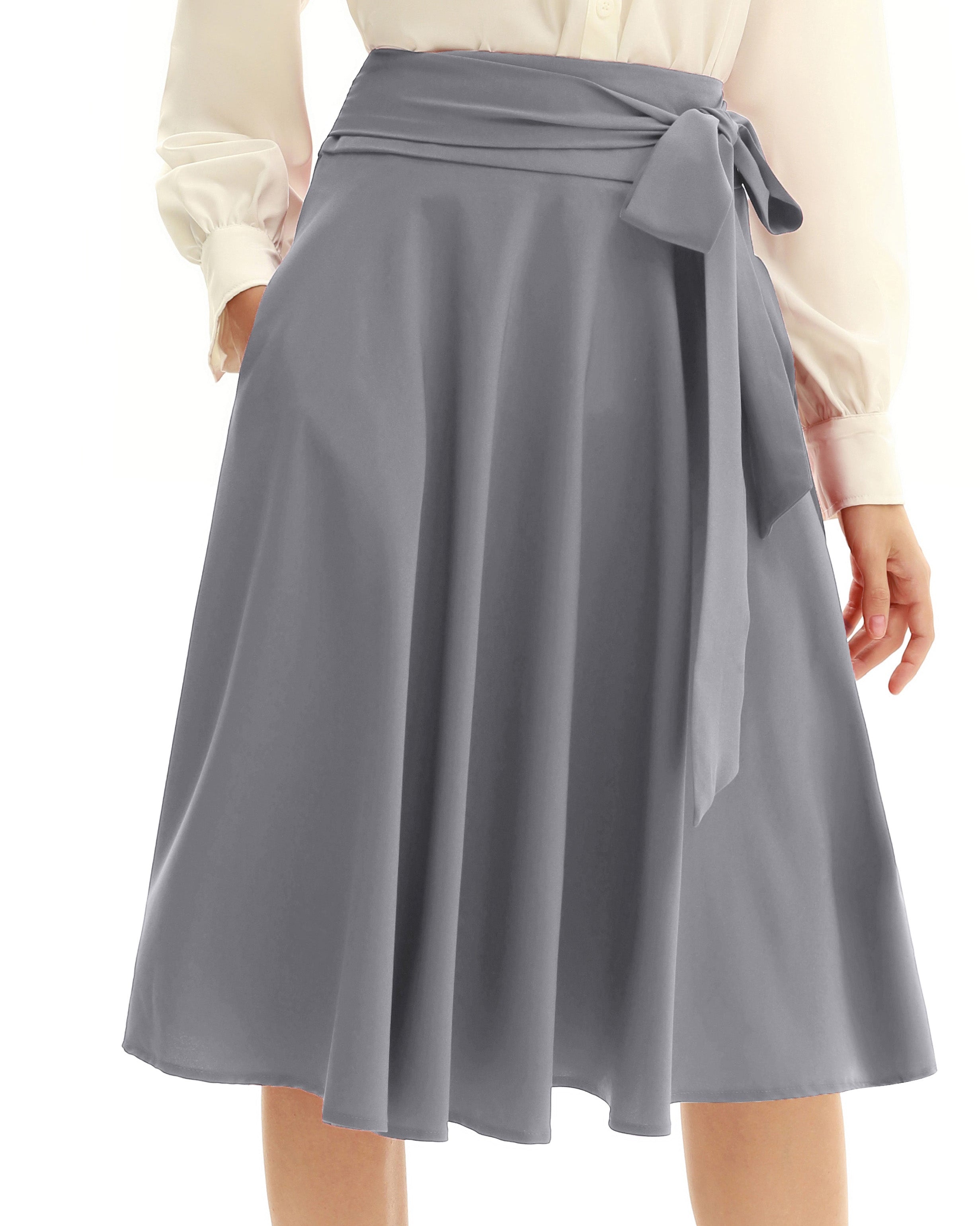 belle poque Women's High Waist A-Line Pockets Skirt Skater Flared Midi Skirt
