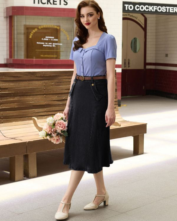 belle poque Denim Skirts Knee Length Vintage Elastic High Waist A-Line Midi Jean Skirts with Pockets