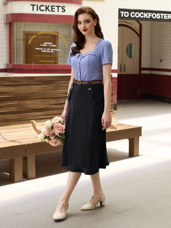 belle poque Denim Skirts Knee Length Vintage Elastic High Waist A-Line Midi Jean Skirts with Pockets