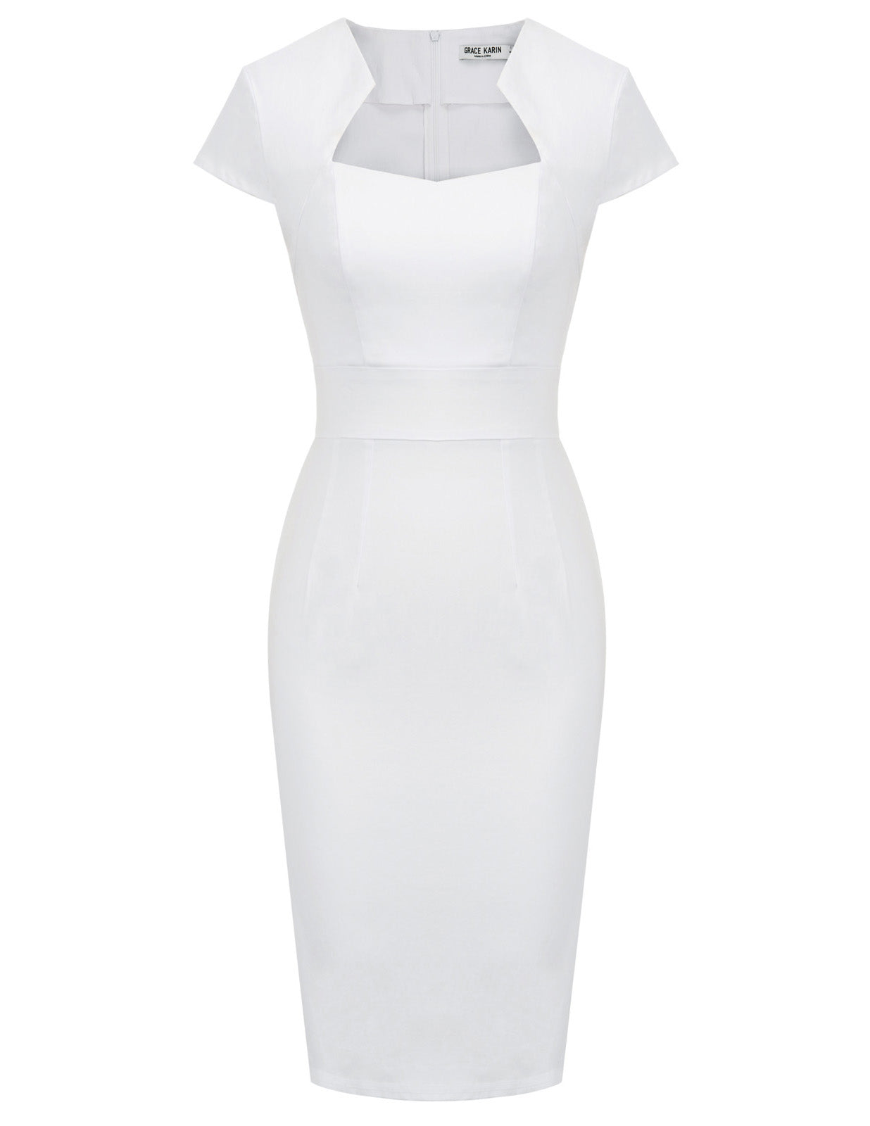 belle poque Vintage Cap Sleeve High Stretchy Hips-Wrapped Bodycon Pencil Dress White