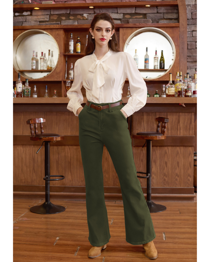 belle poque Seckill Offer⌛Vintage High Waisted Flare Jeans with Belt Bootcut Stretchy Denim Pants