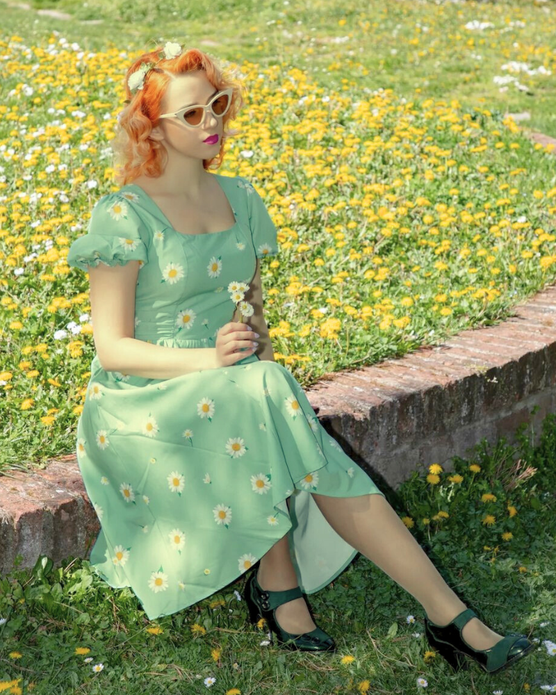belle poque Vintage Daisy Flower Print Cottagecore Cocktail Dresses Square Neck Puff Sleeve Dress with Pockets