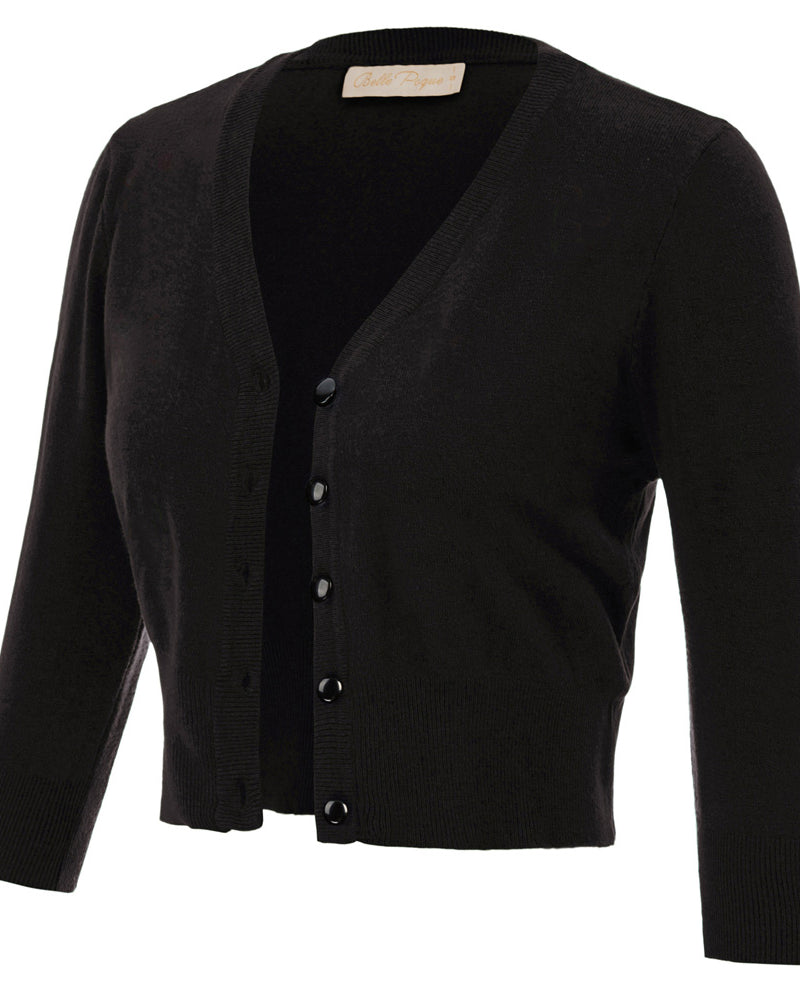 belle poque Cropped Cardigan 3/4 Sleeve V-Neck Button-up Sweater Knitwear