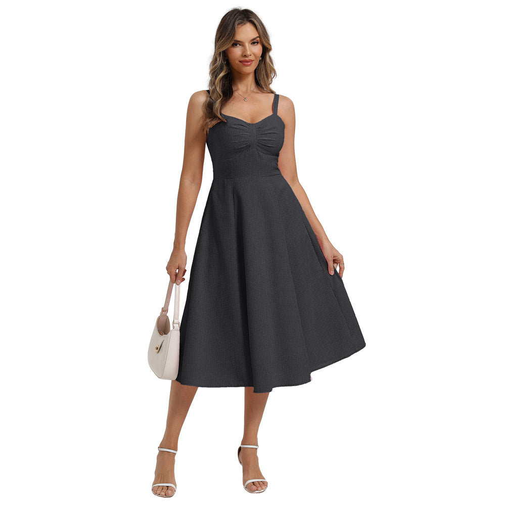 belle poque 1950s Vintage Gingham Dress for Women Sweetheart Neckline Dresses with Pockets