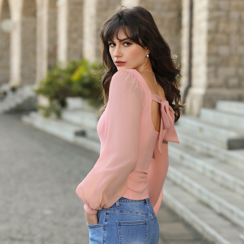 belle poque Women's Mesh Long Sleeve Tops Bow Tie Back Dressy Blouses