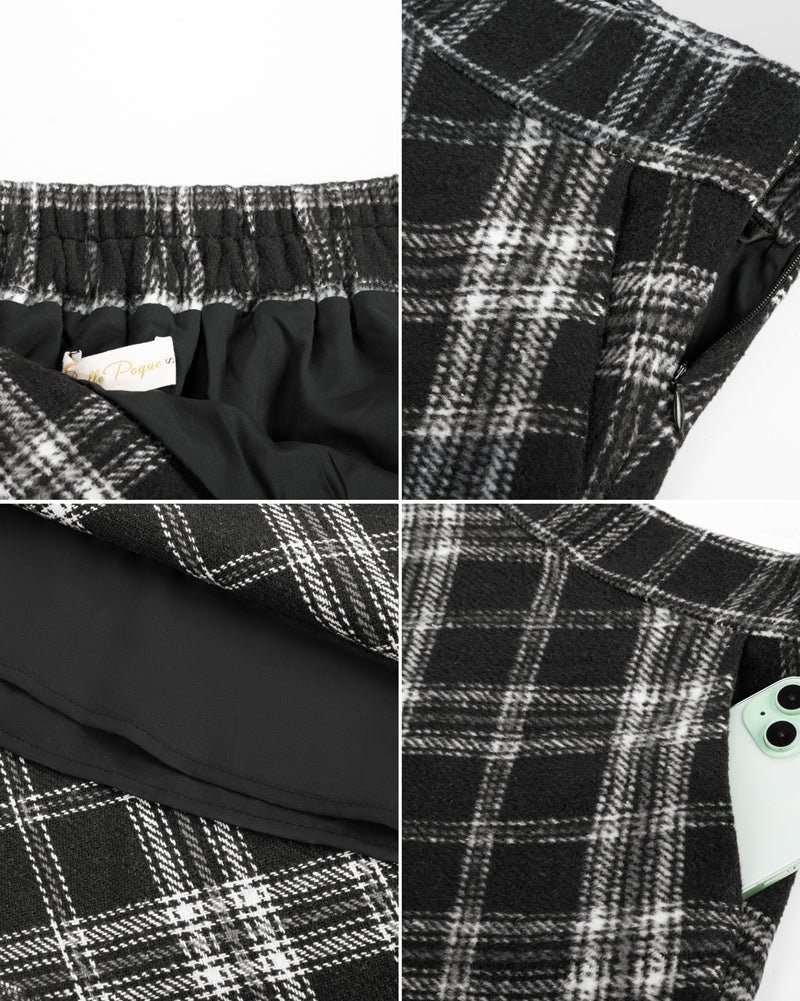 belle poque Women Vintage Plaided Swing Skirt Elastic Waist Mid-Calf Length A-Line Skirt