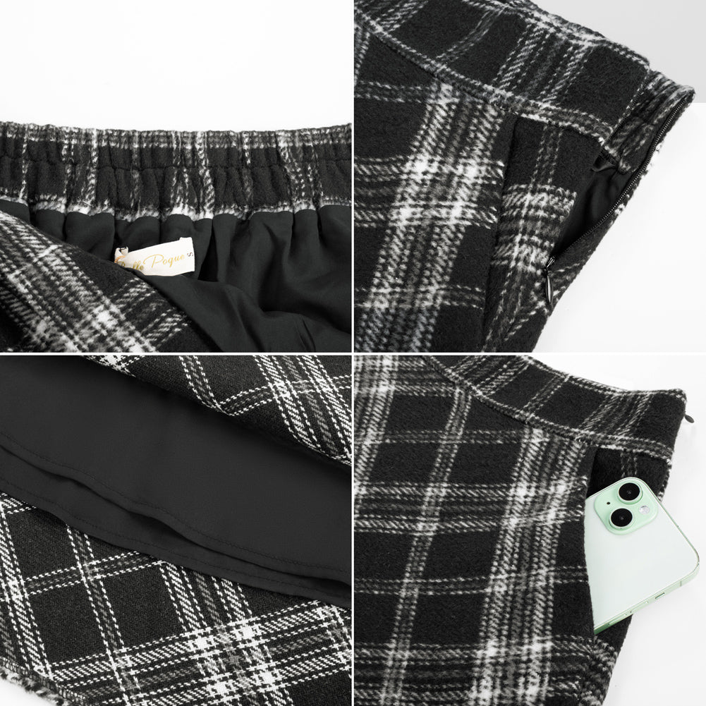 belle poque Women Vintage Plaided Swing Skirt Elastic Waist Mid-Calf Length A-Line Skirt