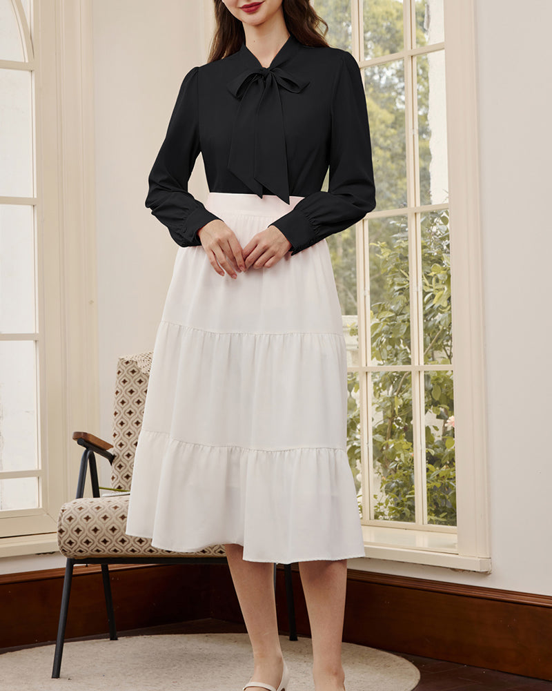 belle poque Women's Bow Tie Neck Blouse Button Down Shirt for Work Office Casual