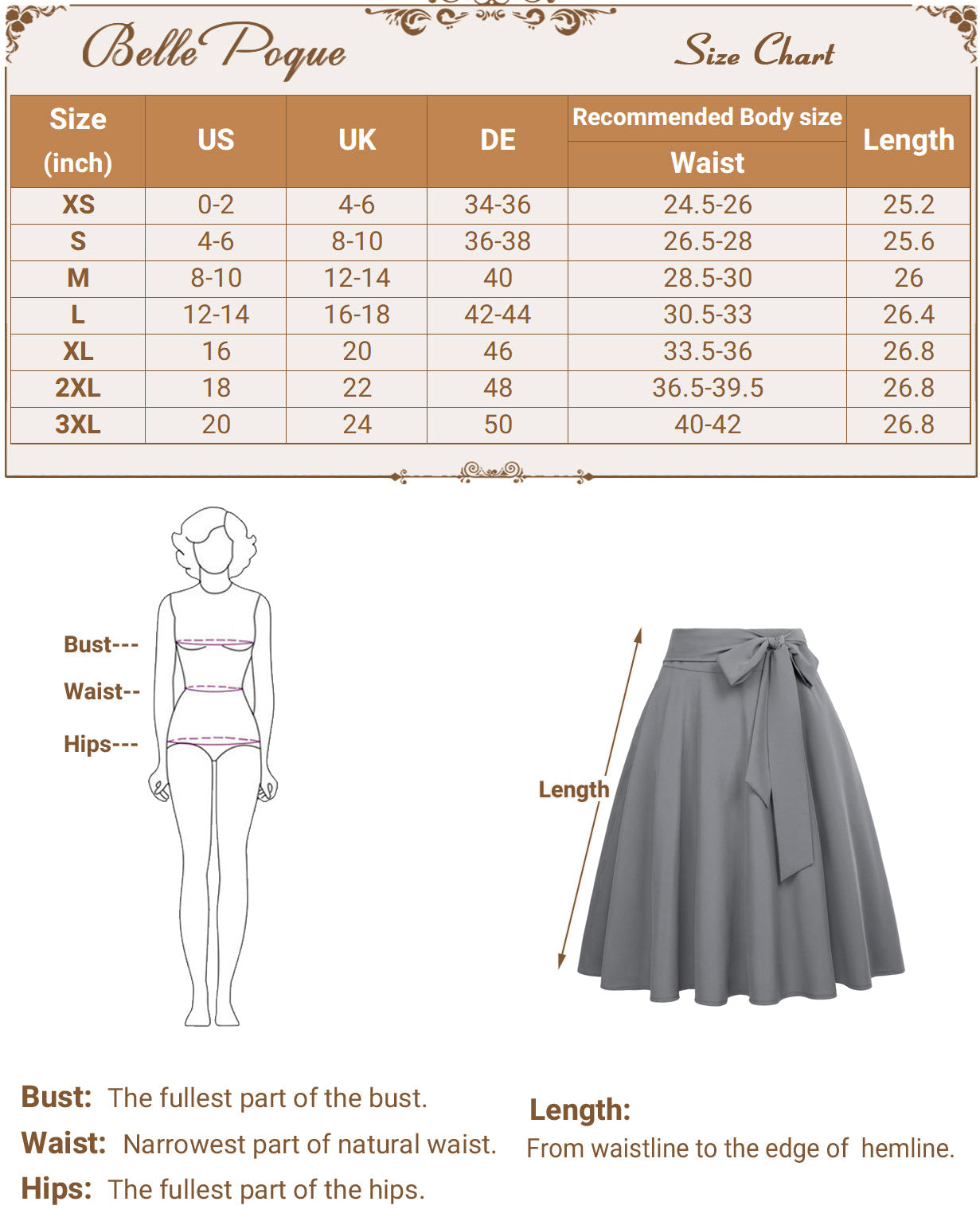 belle poque Women's High Waist A-Line Pockets Skirt Skater Flared Midi Skirt