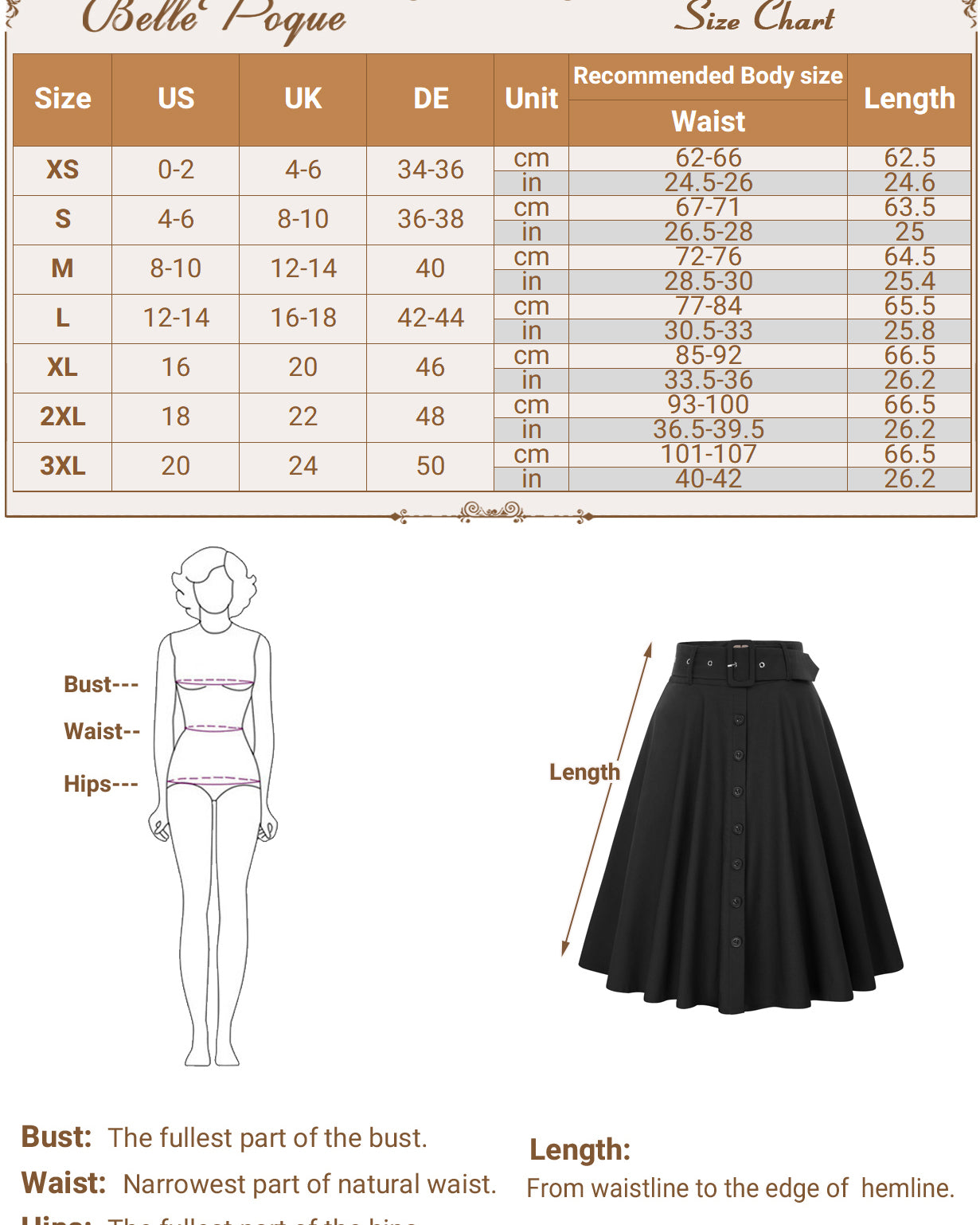 belle poque Vintage Stretch High Waist A-Line Flared Midi Skirts with Pockets & Belts