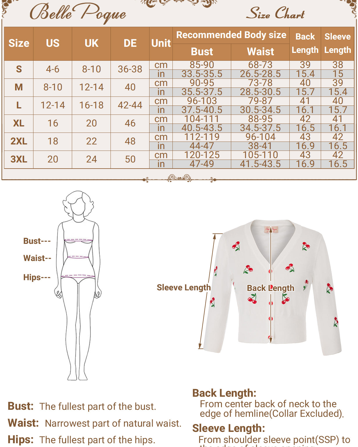 belle poque 3/4 Sleeve V-Neck Button Down Cherries Embroidery Cropped Cardigan Sweater Coat